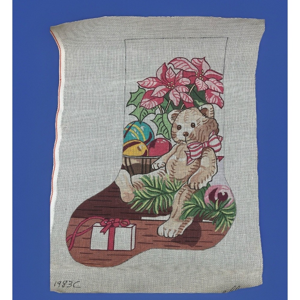 Ellie Hand Painted Needlepoint Canvas * Christmas Stocking Poinsettia Bear Plush